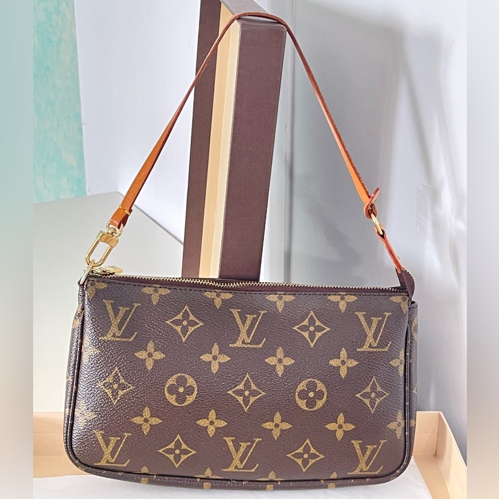 Louis Vuitton Brown Monogram Pochette with Tan Strap